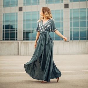 Parklan Embroidered Wrap Dress in Jade